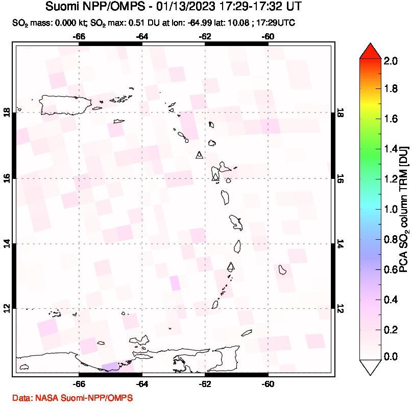 A sulfur dioxide image over Montserrat, West Indies on Jan 13, 2023.