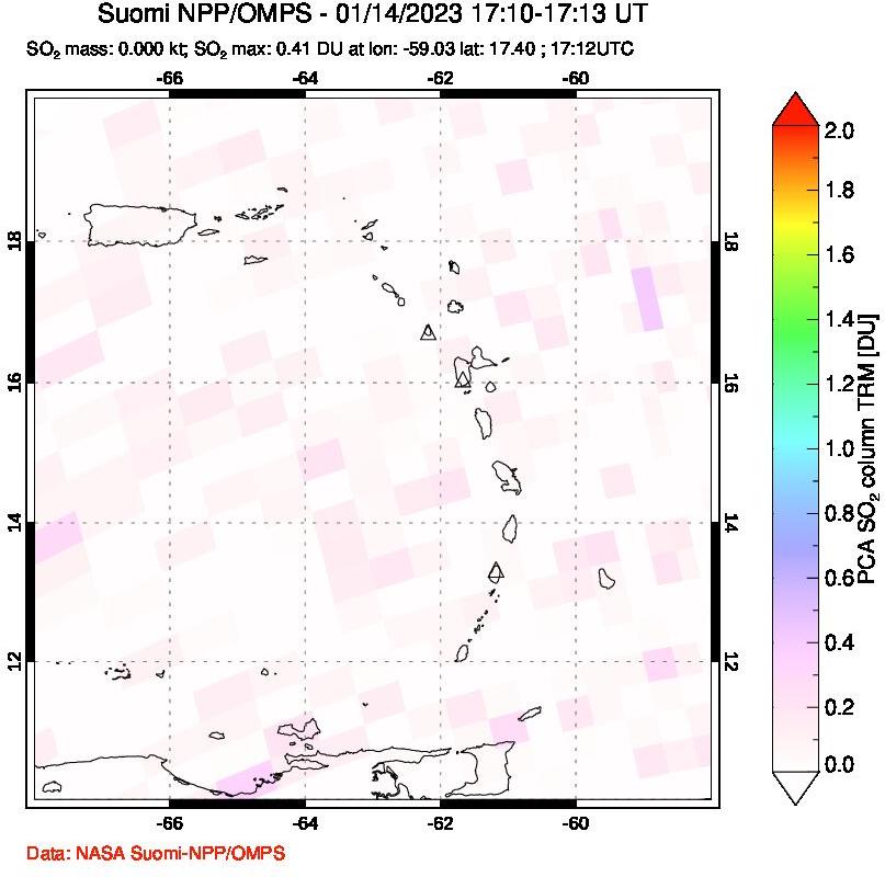 A sulfur dioxide image over Montserrat, West Indies on Jan 14, 2023.