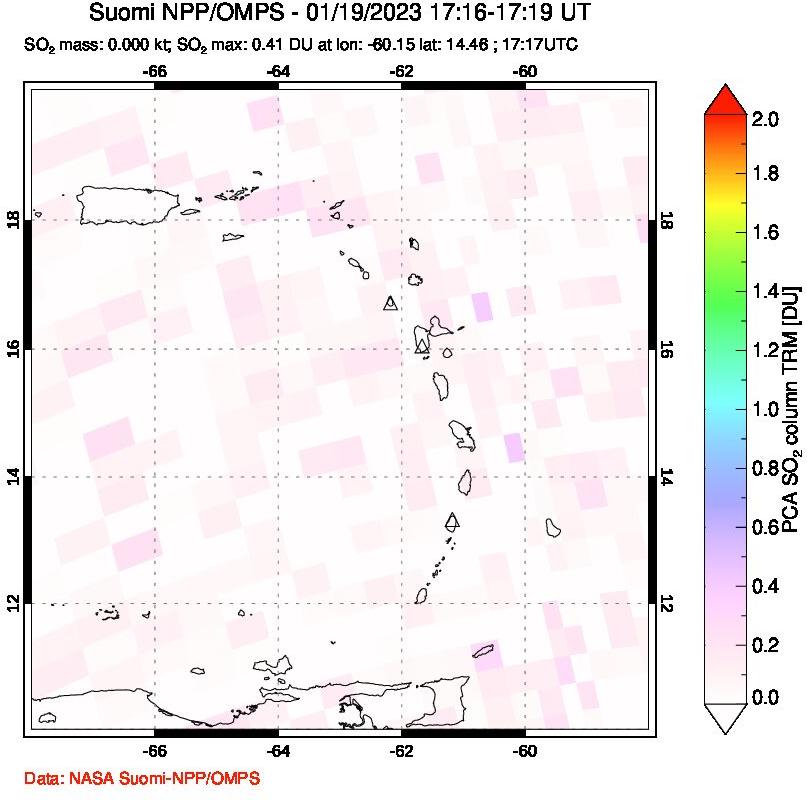 A sulfur dioxide image over Montserrat, West Indies on Jan 19, 2023.