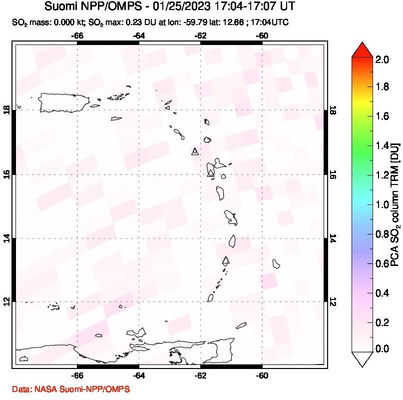A sulfur dioxide image over Montserrat, West Indies on Jan 25, 2023.