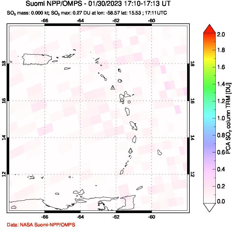 A sulfur dioxide image over Montserrat, West Indies on Jan 30, 2023.
