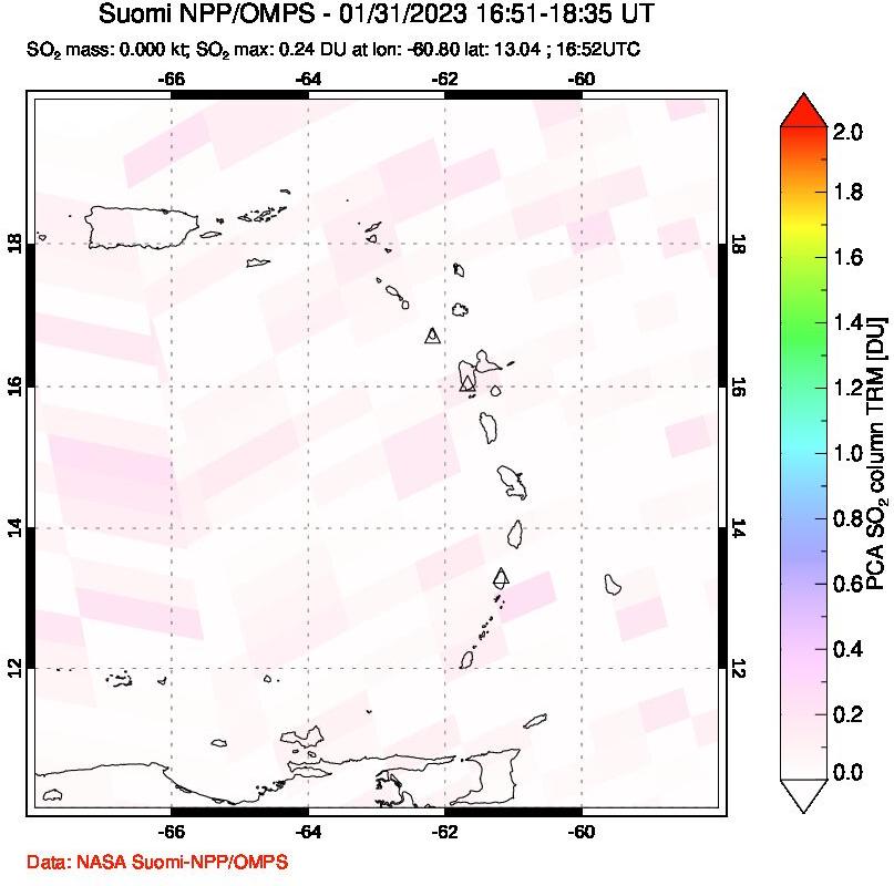 A sulfur dioxide image over Montserrat, West Indies on Jan 31, 2023.