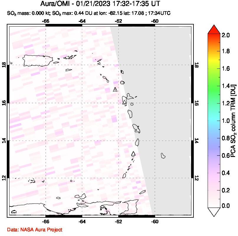 A sulfur dioxide image over Montserrat, West Indies on Jan 21, 2023.