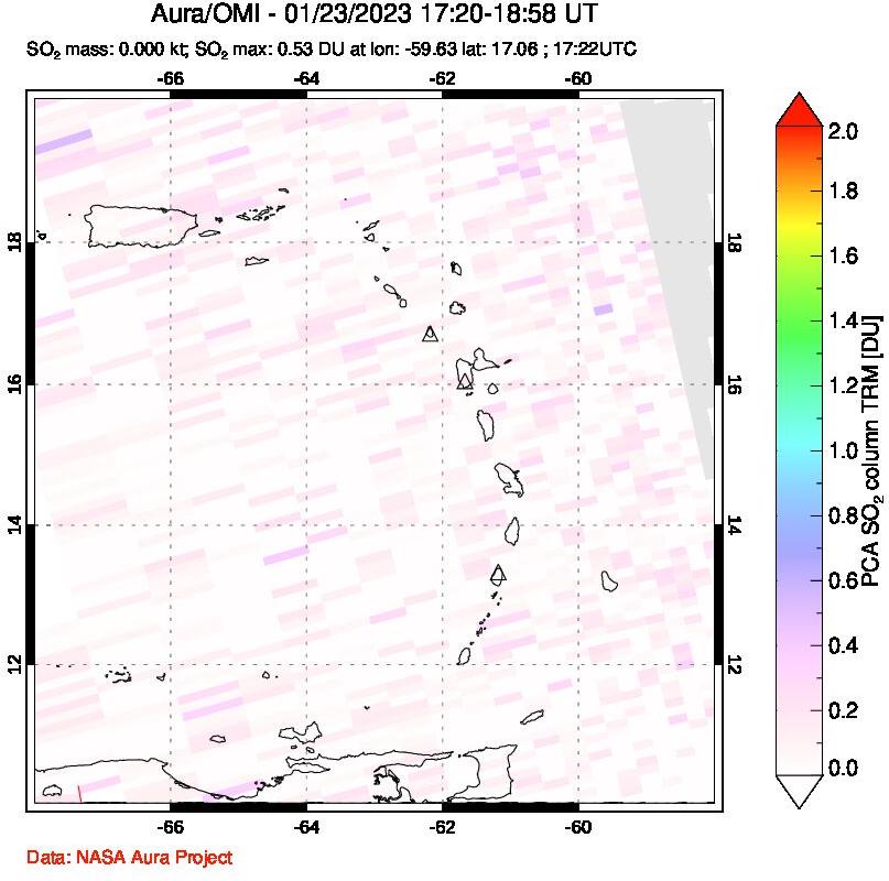 A sulfur dioxide image over Montserrat, West Indies on Jan 23, 2023.