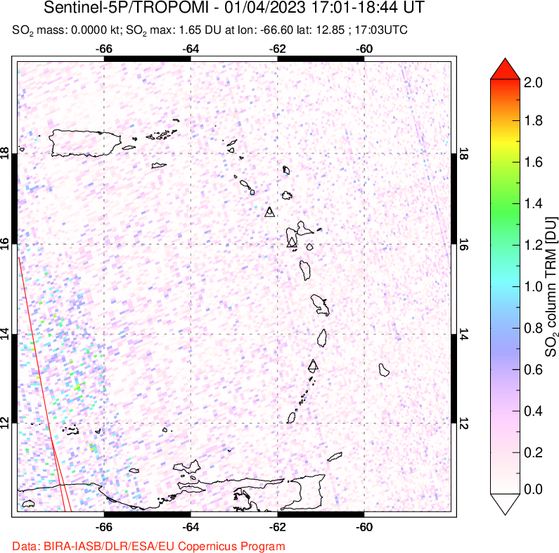 A sulfur dioxide image over Montserrat, West Indies on Jan 04, 2023.