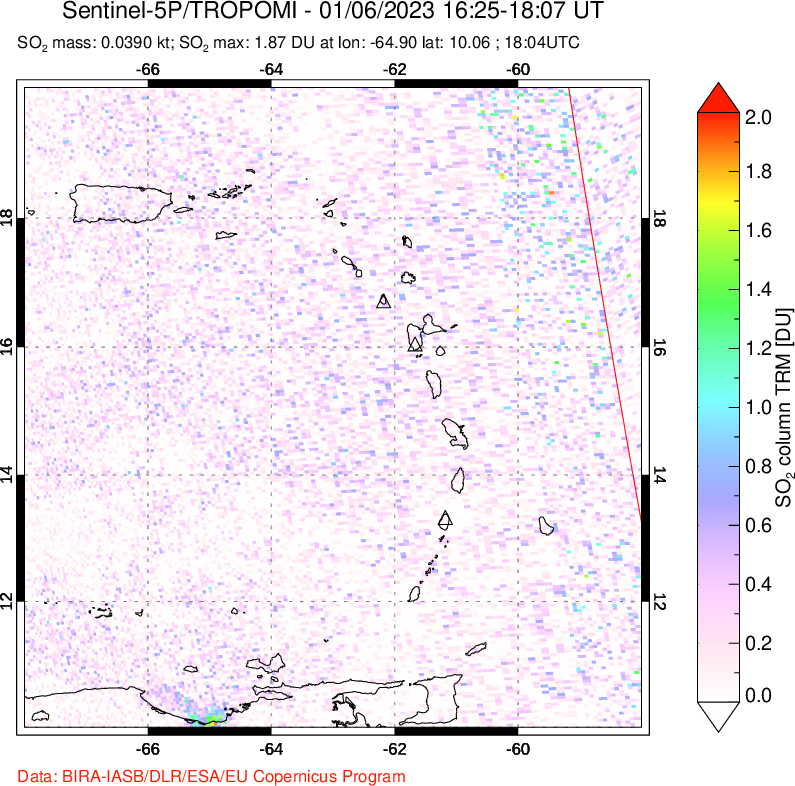 A sulfur dioxide image over Montserrat, West Indies on Jan 06, 2023.