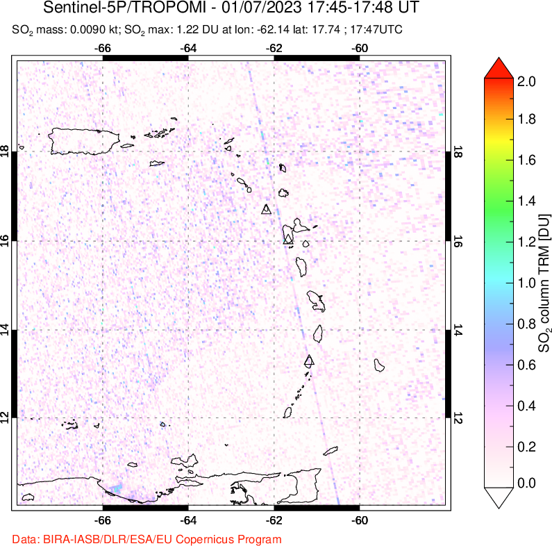 A sulfur dioxide image over Montserrat, West Indies on Jan 07, 2023.