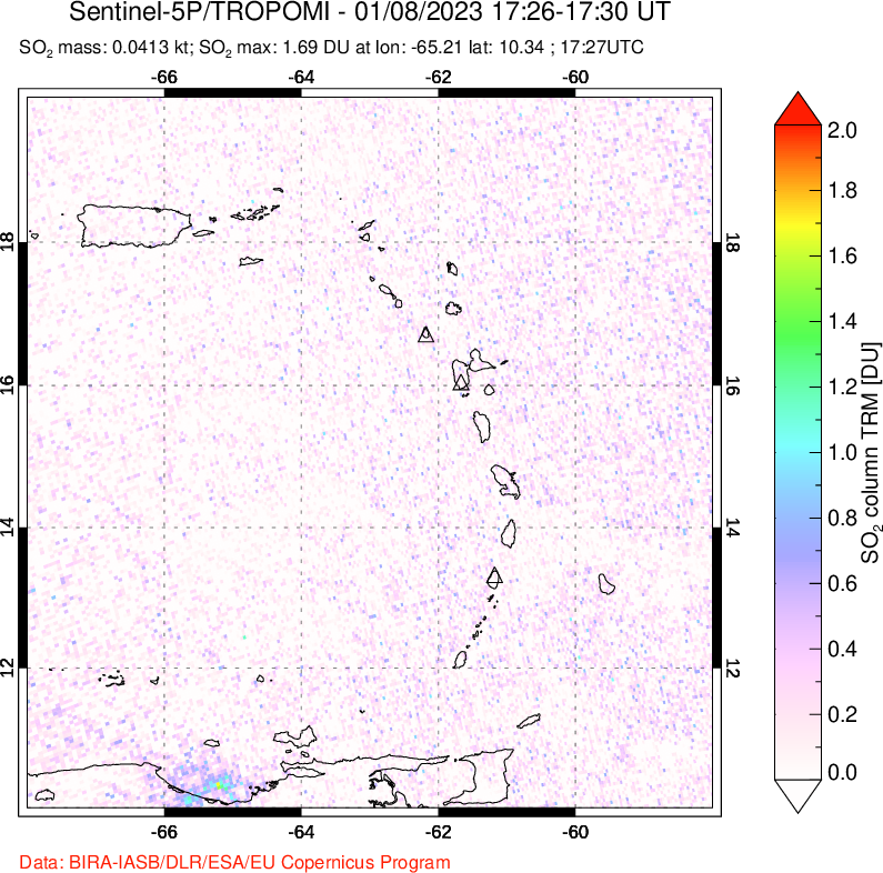 A sulfur dioxide image over Montserrat, West Indies on Jan 08, 2023.