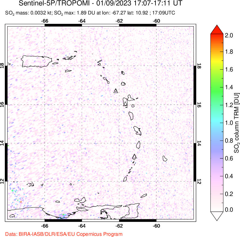 A sulfur dioxide image over Montserrat, West Indies on Jan 09, 2023.