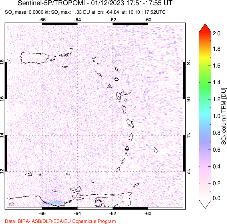 A sulfur dioxide image over Montserrat, West Indies on Jan 12, 2023.