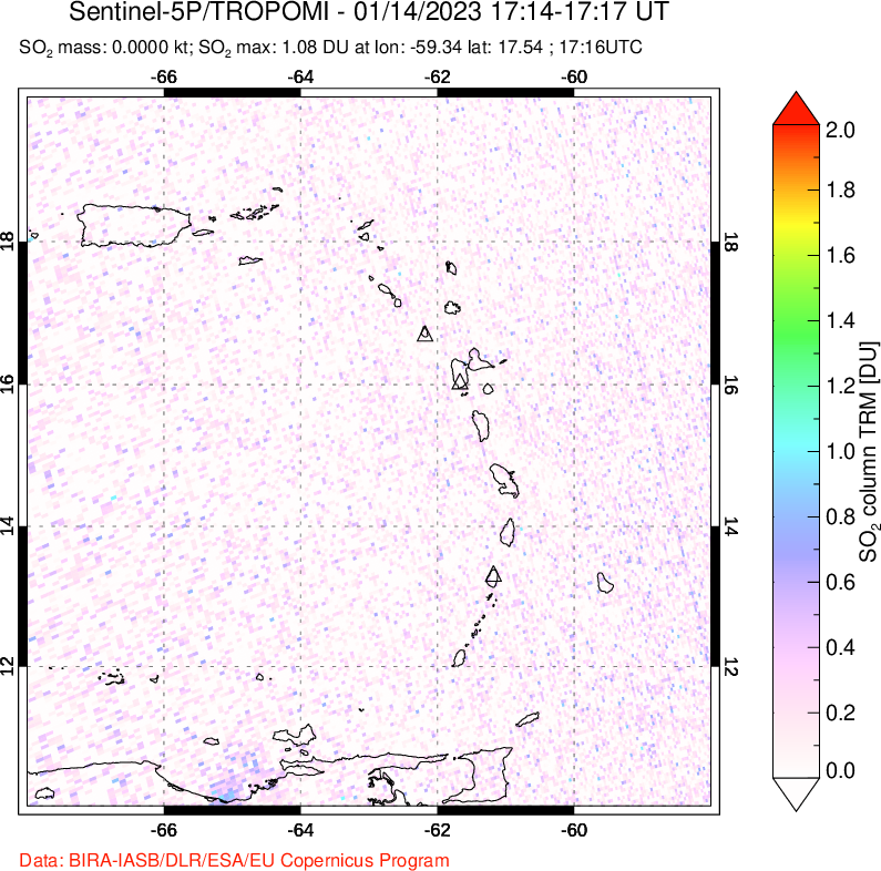 A sulfur dioxide image over Montserrat, West Indies on Jan 14, 2023.