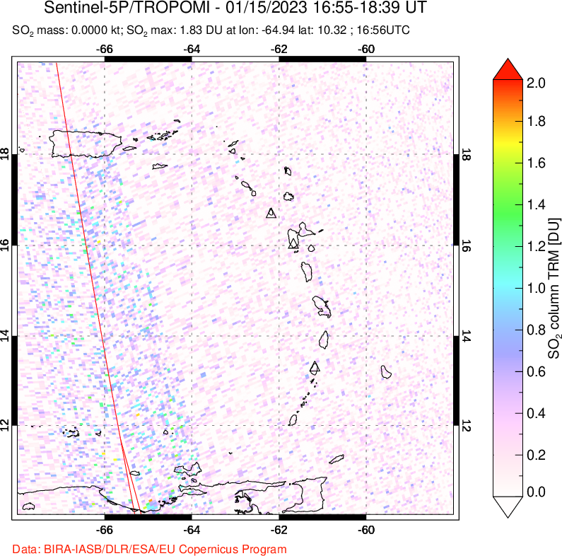 A sulfur dioxide image over Montserrat, West Indies on Jan 15, 2023.