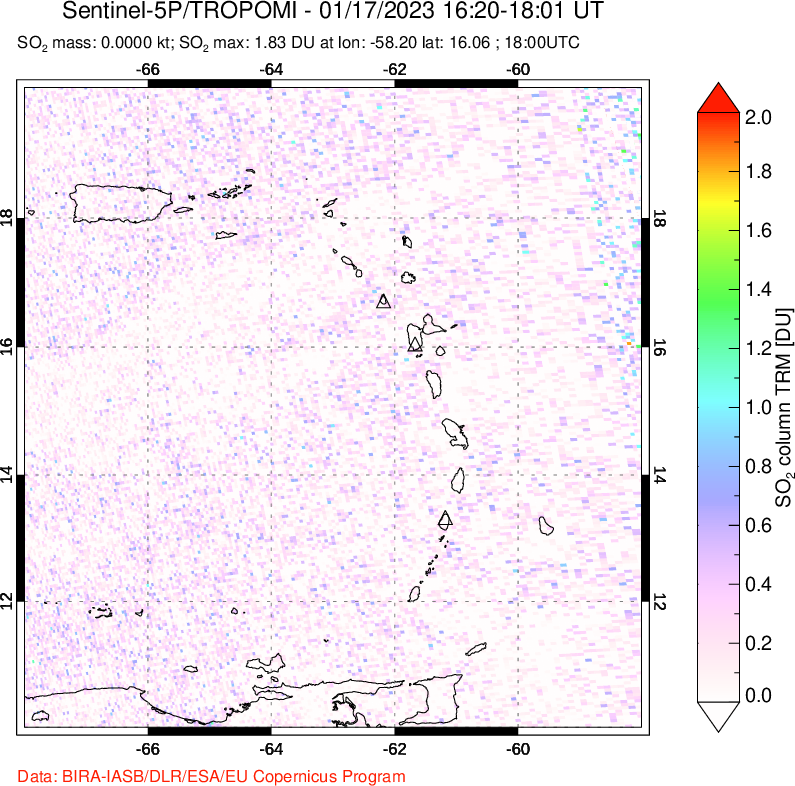 A sulfur dioxide image over Montserrat, West Indies on Jan 17, 2023.