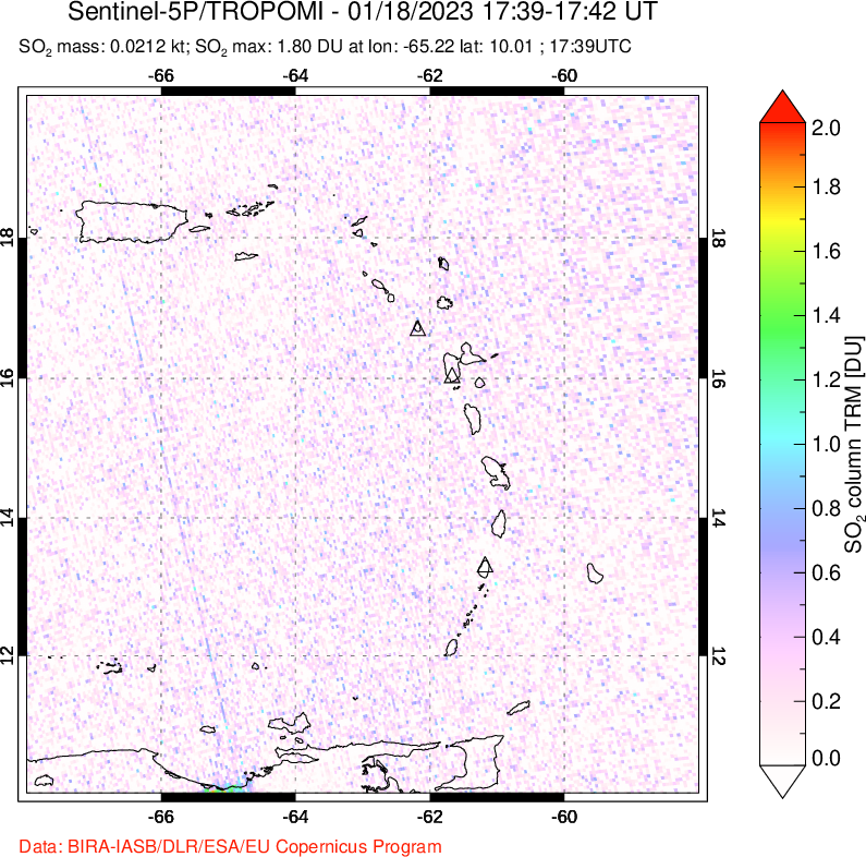 A sulfur dioxide image over Montserrat, West Indies on Jan 18, 2023.