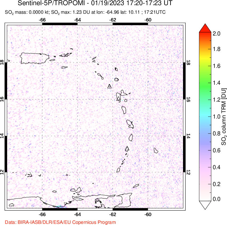 A sulfur dioxide image over Montserrat, West Indies on Jan 19, 2023.