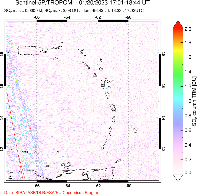 A sulfur dioxide image over Montserrat, West Indies on Jan 20, 2023.
