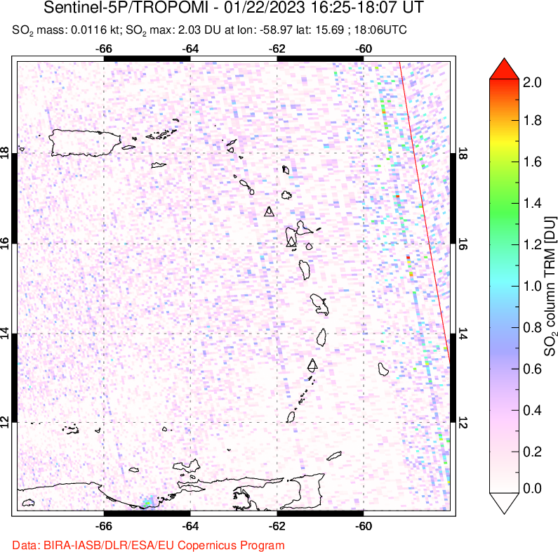 A sulfur dioxide image over Montserrat, West Indies on Jan 22, 2023.