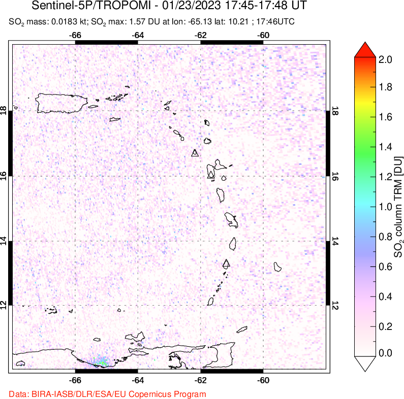 A sulfur dioxide image over Montserrat, West Indies on Jan 23, 2023.