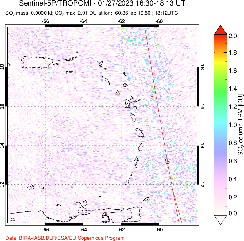 A sulfur dioxide image over Montserrat, West Indies on Jan 27, 2023.