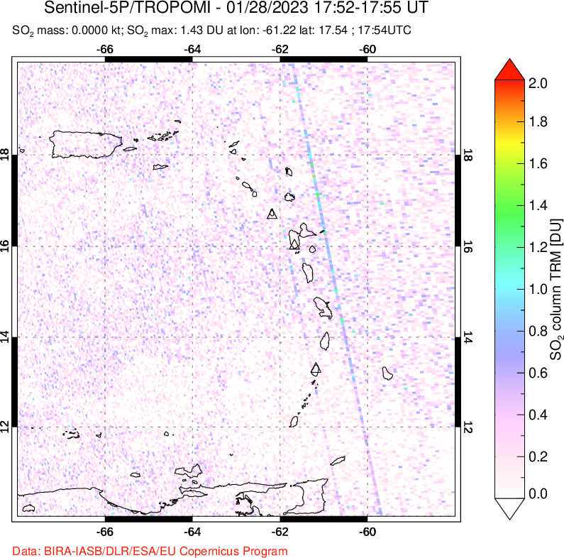 A sulfur dioxide image over Montserrat, West Indies on Jan 28, 2023.