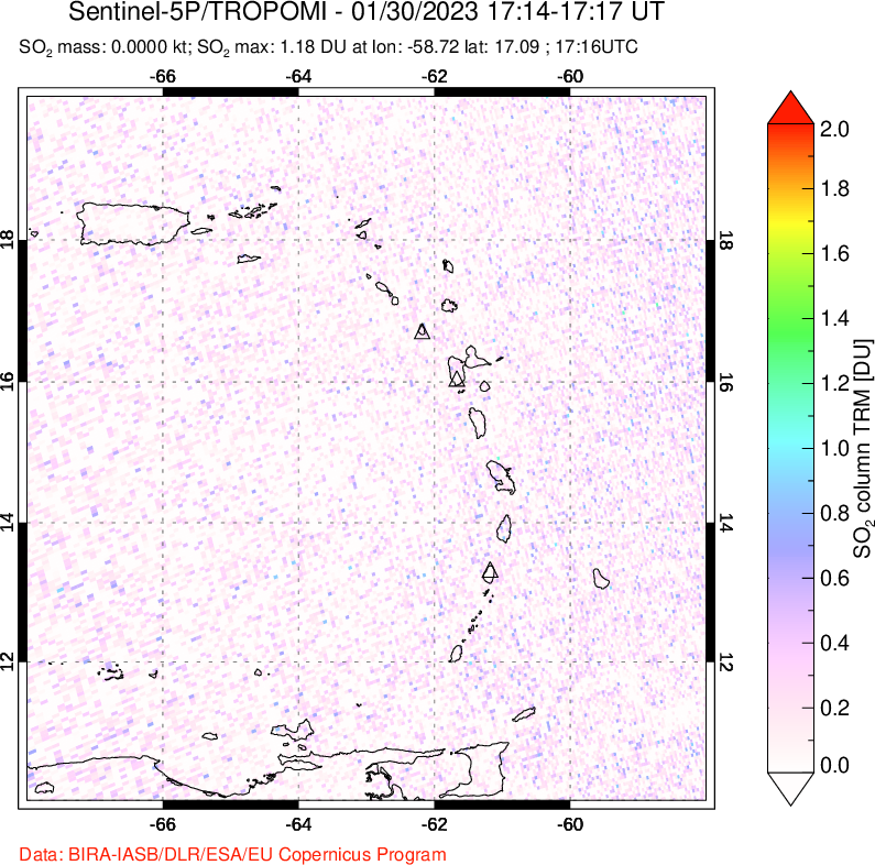 A sulfur dioxide image over Montserrat, West Indies on Jan 30, 2023.