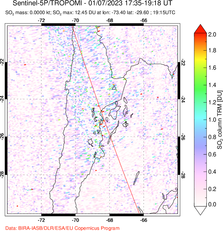 A sulfur dioxide image over Northern Chile on Jan 07, 2023.