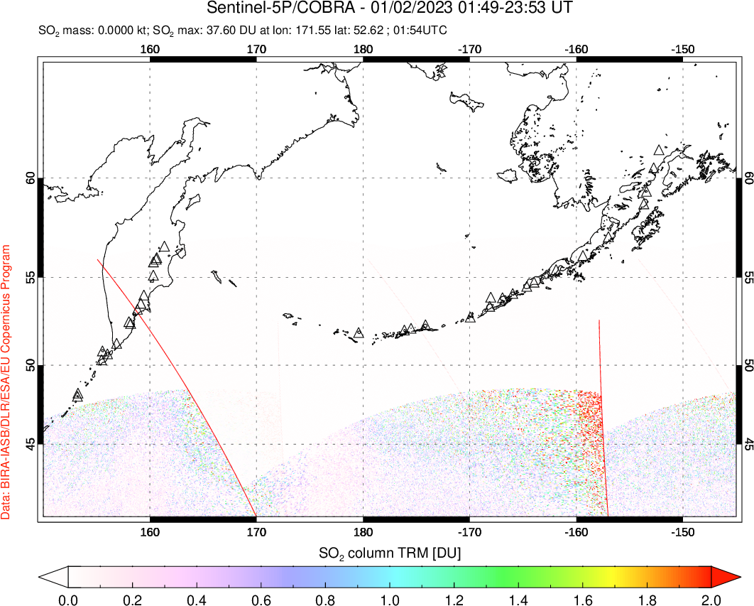 A sulfur dioxide image over North Pacific on Jan 02, 2023.