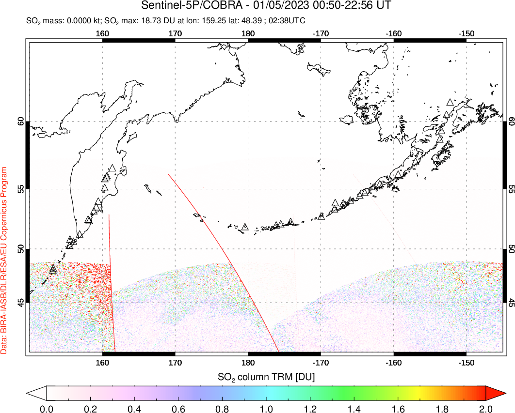 A sulfur dioxide image over North Pacific on Jan 05, 2023.