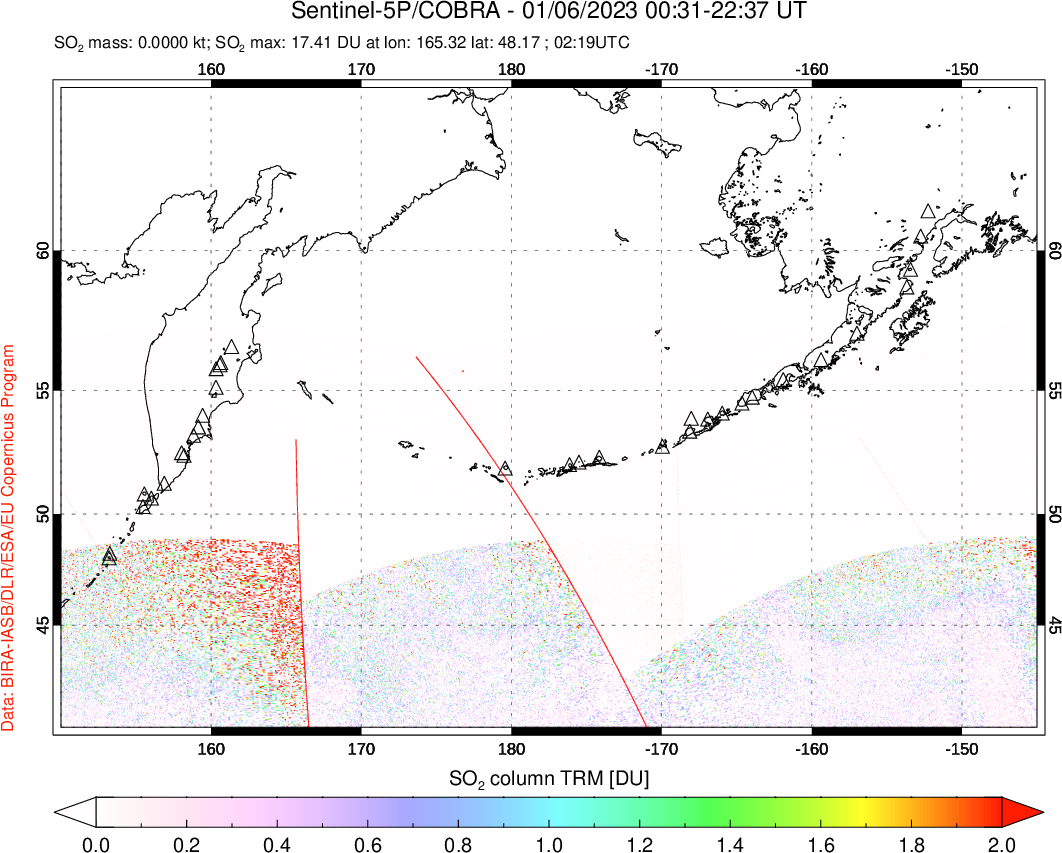 A sulfur dioxide image over North Pacific on Jan 06, 2023.