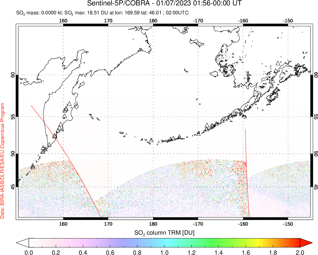 A sulfur dioxide image over North Pacific on Jan 07, 2023.