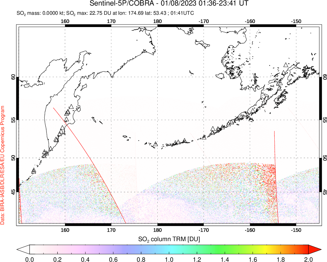 A sulfur dioxide image over North Pacific on Jan 08, 2023.