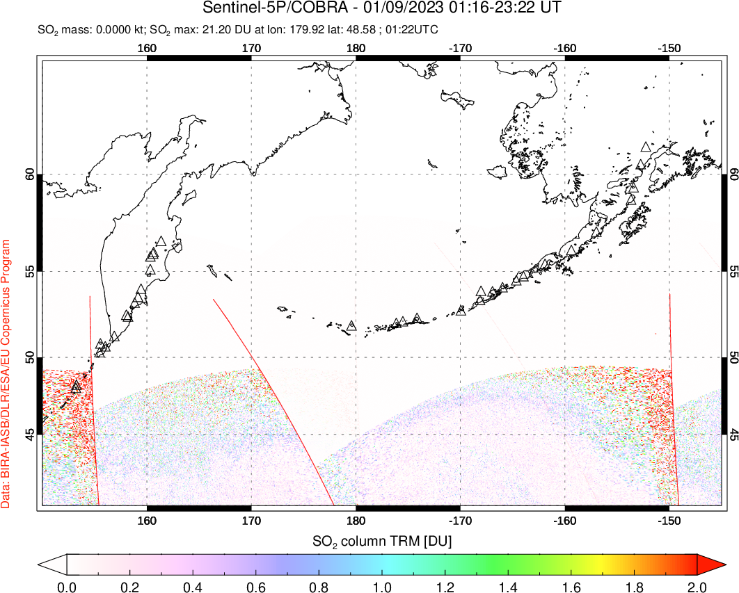A sulfur dioxide image over North Pacific on Jan 09, 2023.