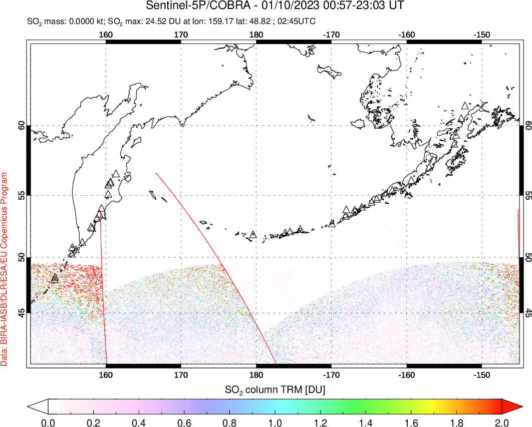 A sulfur dioxide image over North Pacific on Jan 10, 2023.