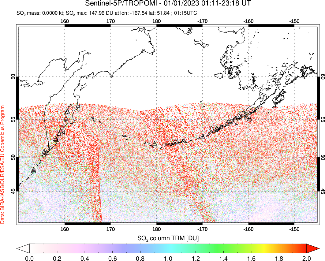 A sulfur dioxide image over North Pacific on Jan 01, 2023.