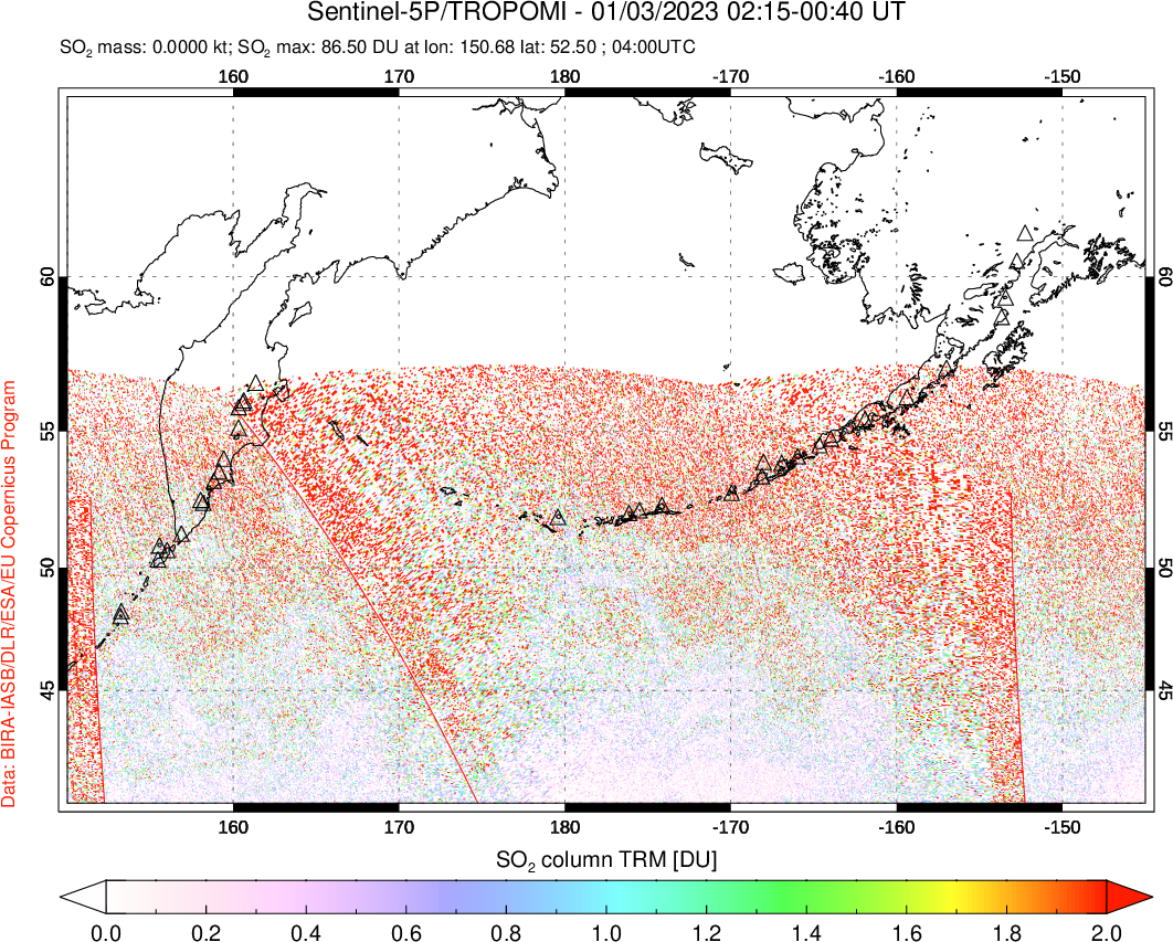 A sulfur dioxide image over North Pacific on Jan 03, 2023.