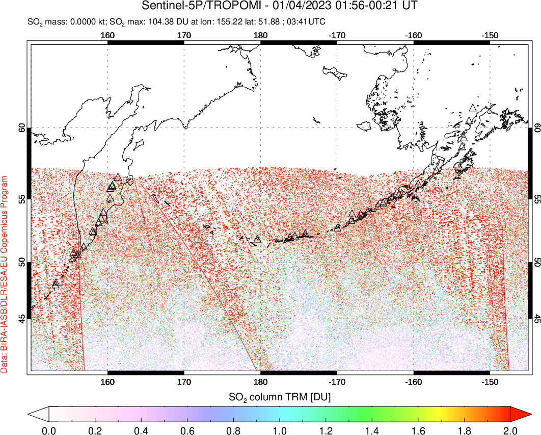 A sulfur dioxide image over North Pacific on Jan 04, 2023.
