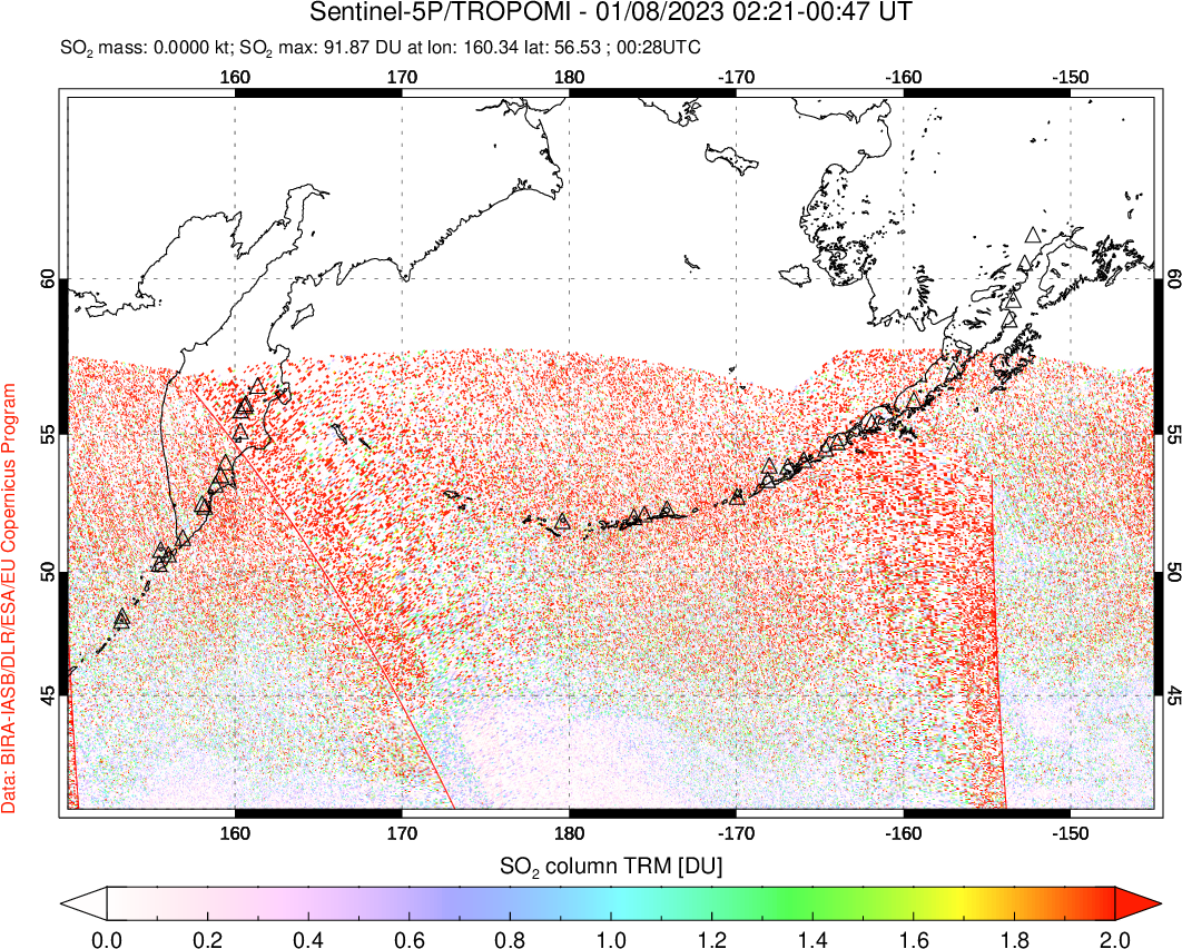 A sulfur dioxide image over North Pacific on Jan 08, 2023.