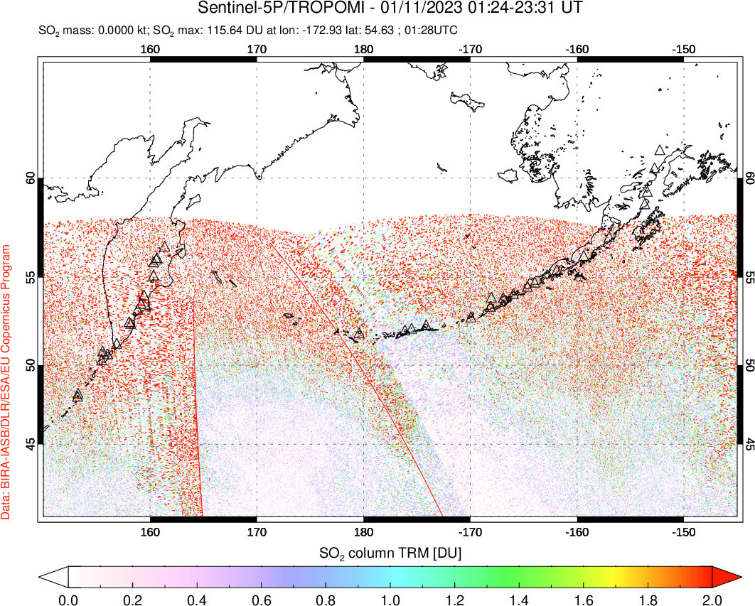 A sulfur dioxide image over North Pacific on Jan 11, 2023.