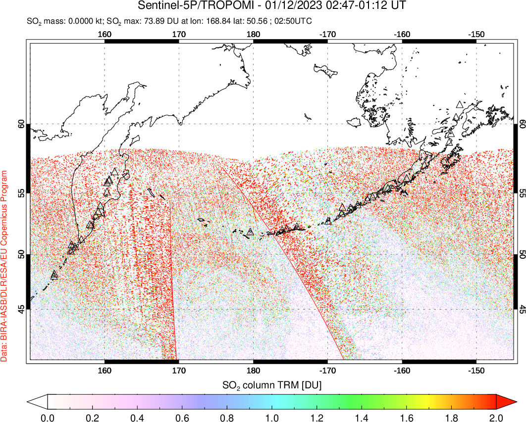 A sulfur dioxide image over North Pacific on Jan 12, 2023.