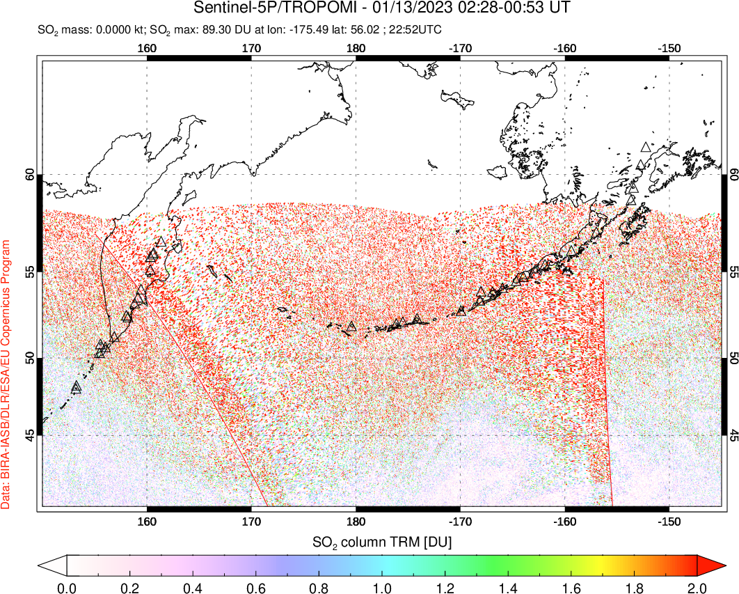 A sulfur dioxide image over North Pacific on Jan 13, 2023.