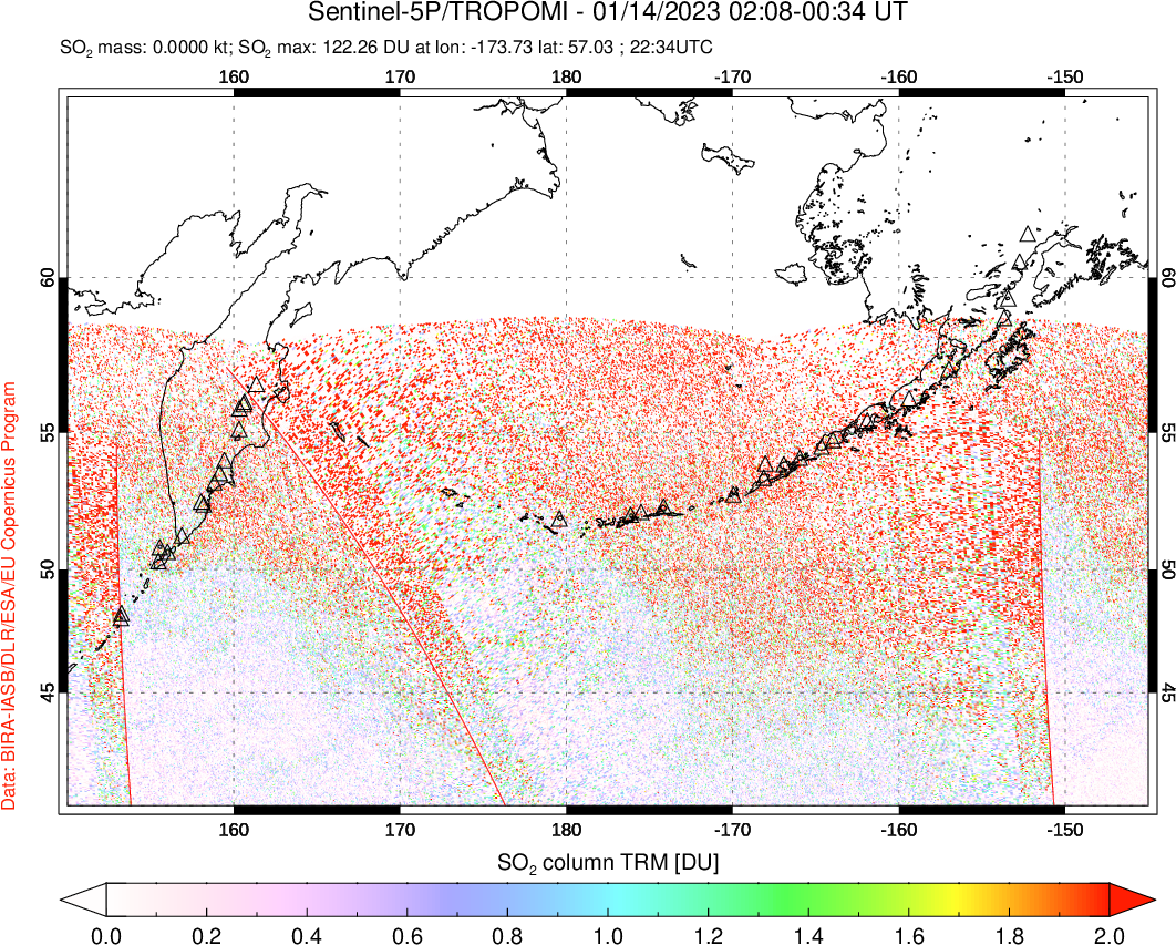 A sulfur dioxide image over North Pacific on Jan 14, 2023.