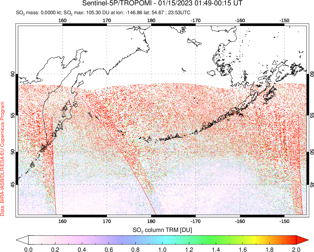 A sulfur dioxide image over North Pacific on Jan 15, 2023.