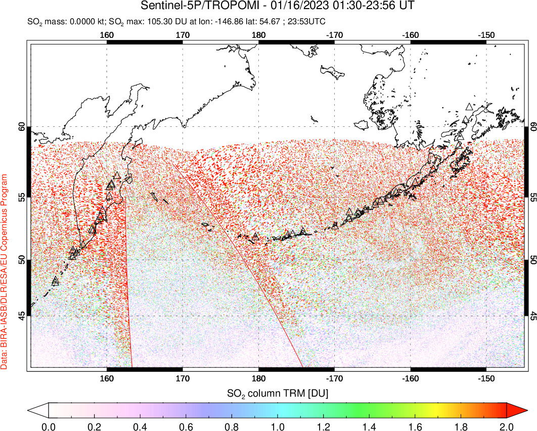 A sulfur dioxide image over North Pacific on Jan 16, 2023.