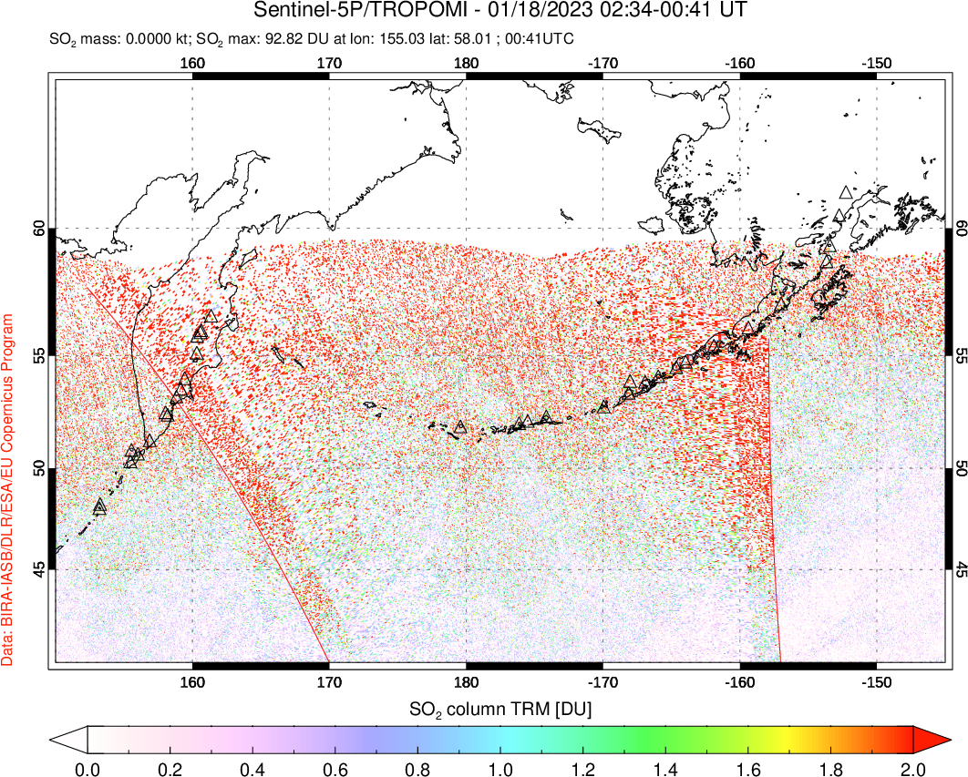 A sulfur dioxide image over North Pacific on Jan 18, 2023.