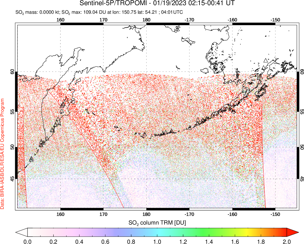 A sulfur dioxide image over North Pacific on Jan 19, 2023.