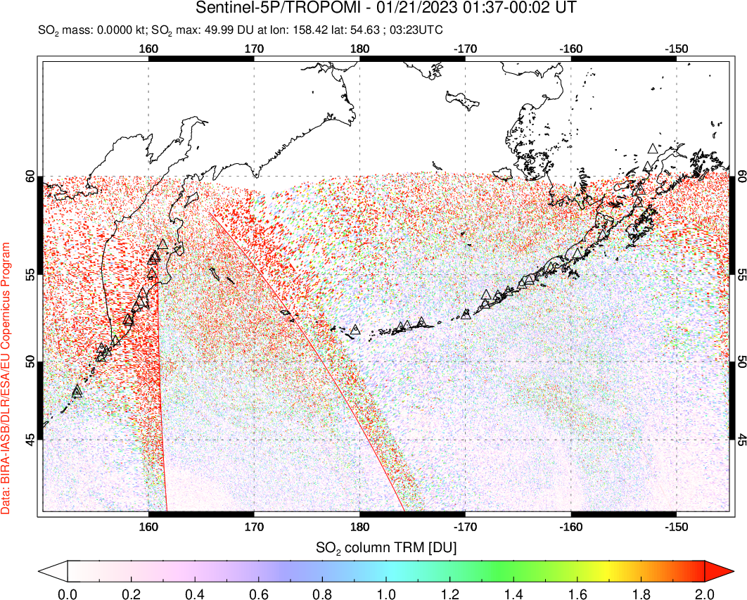 A sulfur dioxide image over North Pacific on Jan 21, 2023.