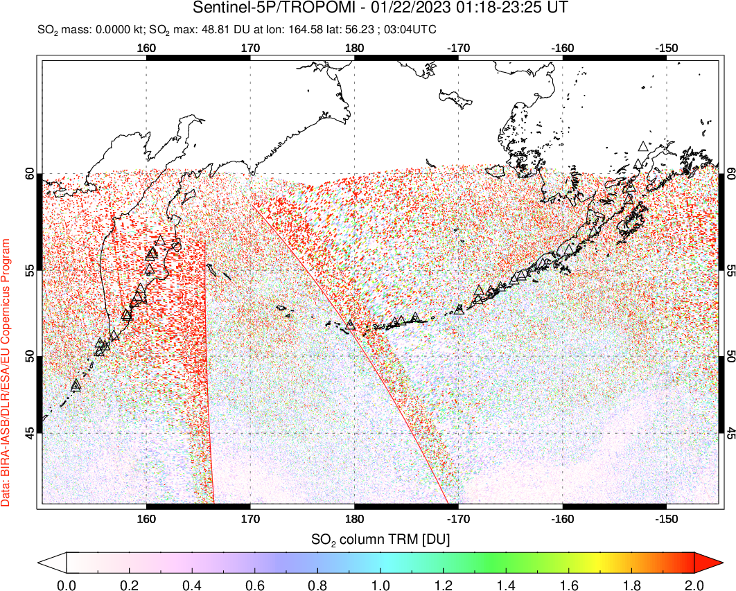 A sulfur dioxide image over North Pacific on Jan 22, 2023.