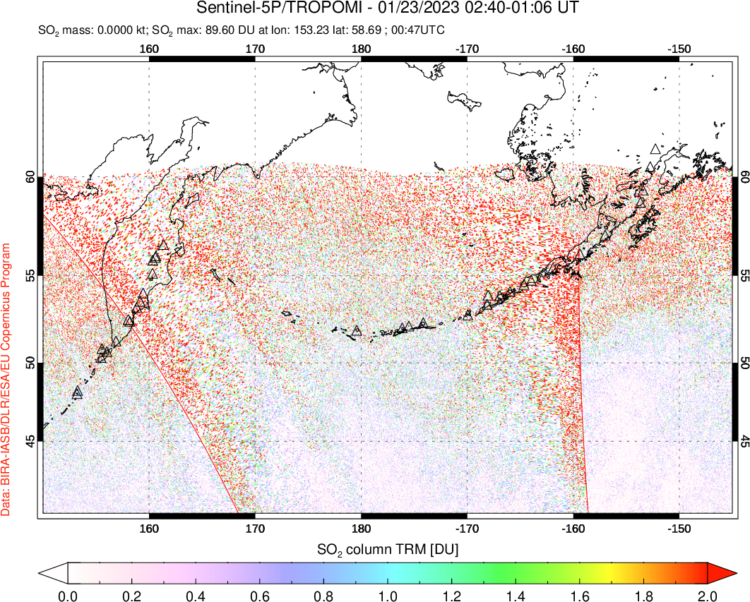 A sulfur dioxide image over North Pacific on Jan 23, 2023.