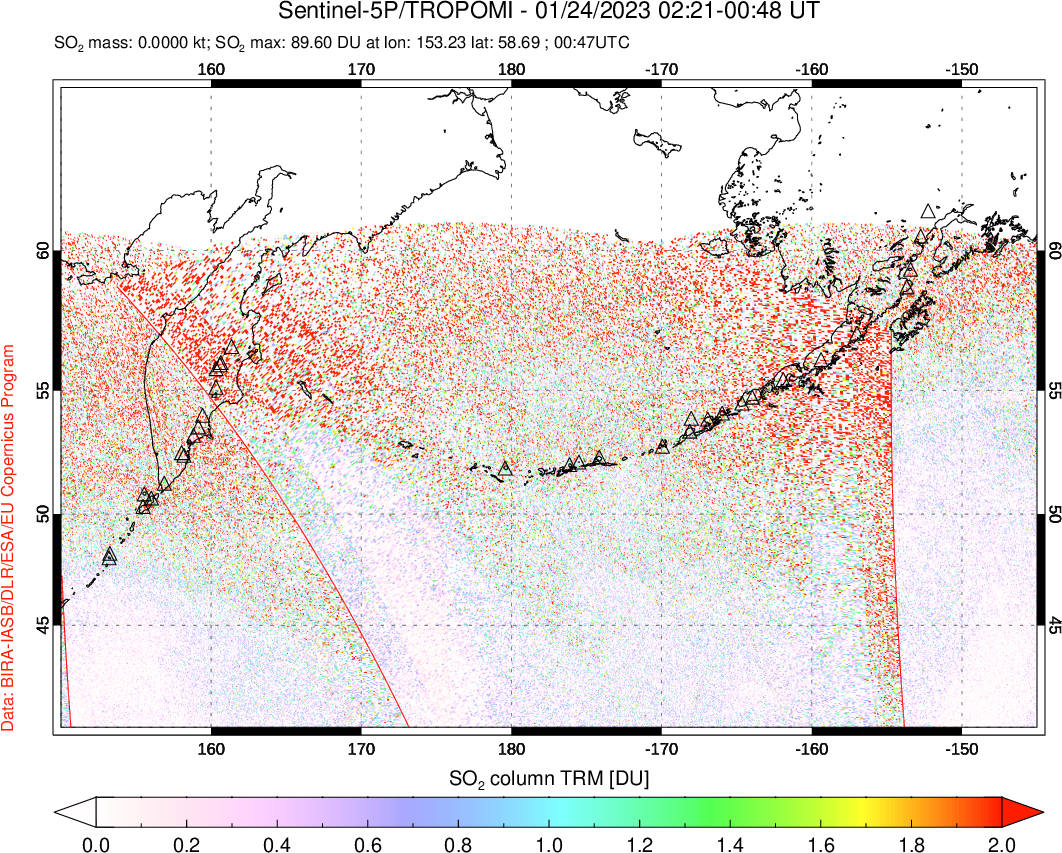 A sulfur dioxide image over North Pacific on Jan 24, 2023.