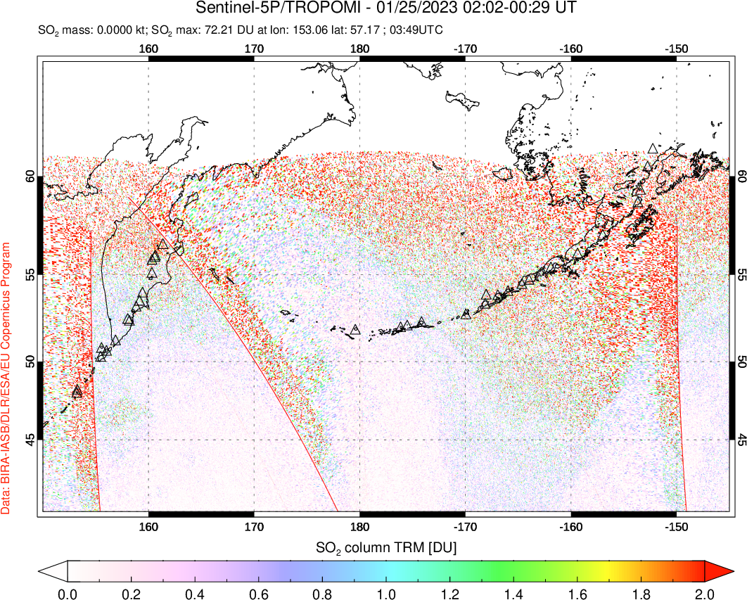 A sulfur dioxide image over North Pacific on Jan 25, 2023.